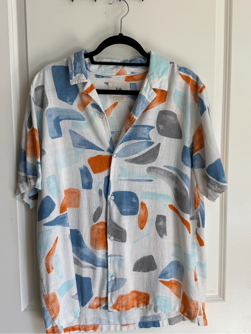Folk Short-Sleeve Button-Down Shirt - White with Blue, Orange, Gray Accents